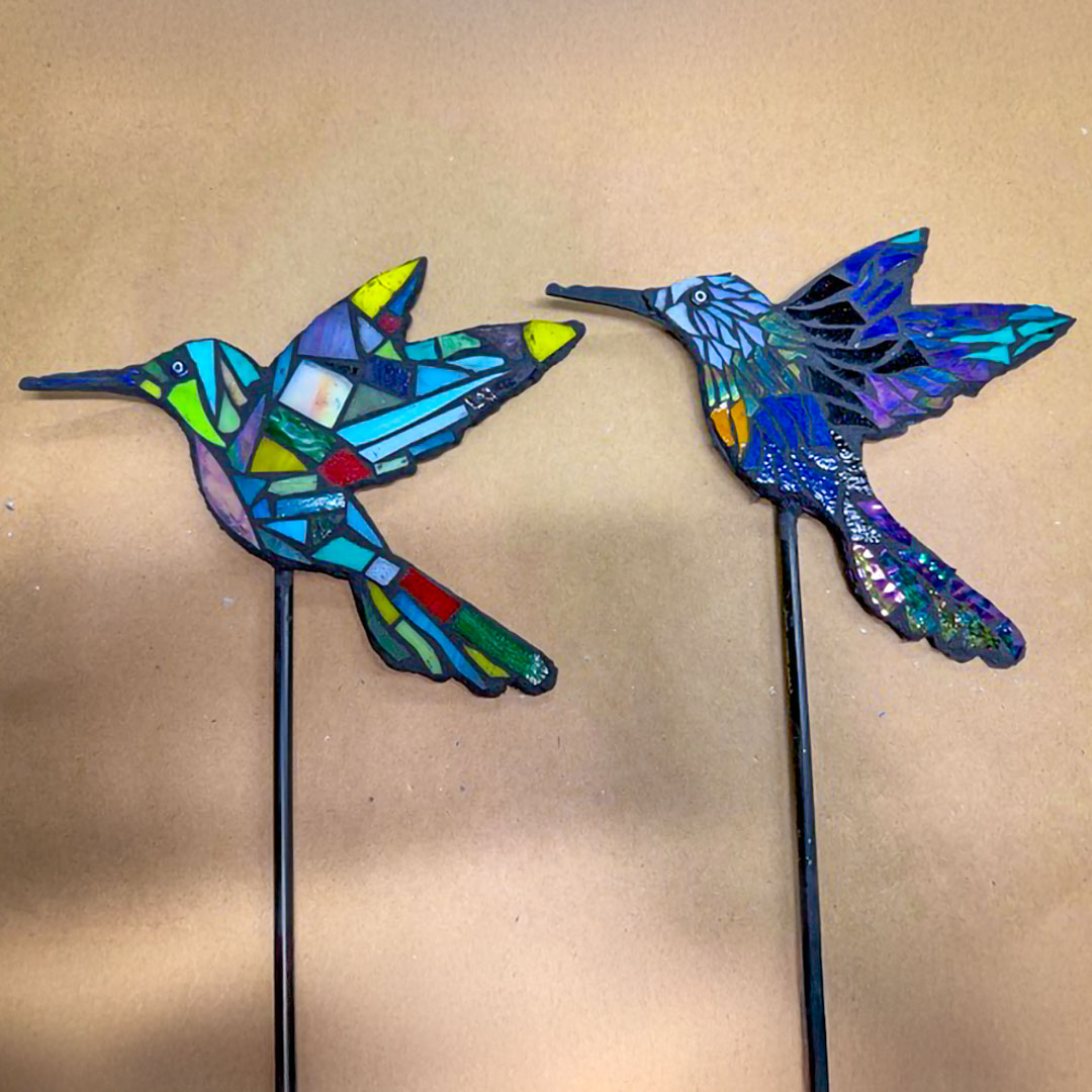 Collaboration! Metal and Mosaic Birds for the Yard
